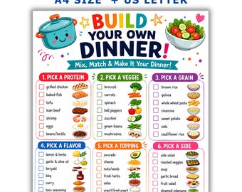 Puede incluir: Un planificador de comidas digital titulado BUILD YOUR OWN DINNER con seis secciones numeradas para seleccionar proteínas, verduras, granos, sabores, aderezos y acompañamientos. El gráfico colorido incluye ilustraciones y casillas.