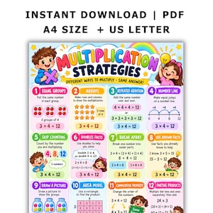May include: A colorful educational poster titled Multiplication Strategies featuring twelve numbered boxes with math examples. The chart includes illustrations of children, a lightbulb, and a rainbow, explaining methods like equal groups, arrays, and number lines.
