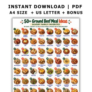 May include: A digital meal planning chart titled 50+ Ground Beef Meal Ideas Savory Family Favorites, featuring 56 numbered images of various ground beef dishes with text labels. The document is available as an instant download in A4 and US Letter sizes.
