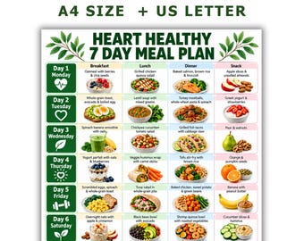Puede incluir: Un plan de comidas saludable para el corazón de 7 días en formato digital con una cuadrícula de sugerencias diarias de lunes a domingo. El documento incluye etiquetas de texto para desayuno, almuerzo, cena y meriendas con ilustraciones de comida.