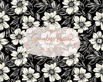 Puede incluir: Un patrón sin costuras con flores y hojas dibujadas en líneas blancas sobre un fondo negro sólido. El texto central dice Seamless Pattern JPG 300DPI 12x12 IN, acompañado de pequeños iconos florales y diminutos corazones rojos.