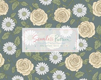 Puede incluir: Un patrón continuo de rosas amarillo pálido y margaritas blancas con hojas verdes sobre un fondo gris oscuro. Un recuadro blanco central contiene el texto escrito a mano Seamless Pattern, JPG 300DPI y 12x12 IN.