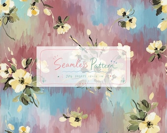 Puede incluir: Un patrón sin costuras con flores de color amarillo pálido y hojas verde oscuro sobre un fondo de pinceladas en rojo apagado y azul claro. Una etiqueta rectangular blanca muestra el texto Seamless Pattern JPG 300DPI 12x12 IN.