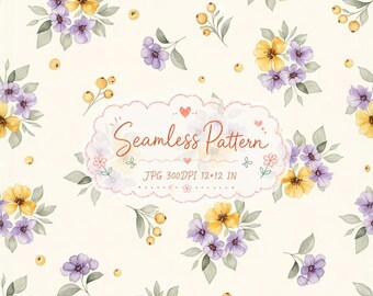 Puede incluir: Un patrón continuo con ilustraciones en acuarela de flores moradas y amarillas con hojas verdes y pequeñas bayas amarillas sobre un fondo crema. Una etiqueta central muestra el texto Seamless Pattern JPG 300DPI 12x12 IN.