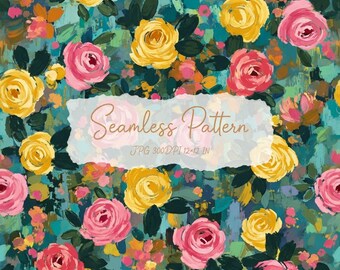 Puede incluir: Un patrón sin costuras con un diseño floral vibrante de rosas amarillas y rosas sobre un fondo verde azulado texturizado. La imagen incluye el texto Seamless Pattern JPG 300DPI 12x12 IN centrado sobre la ilustración floral.