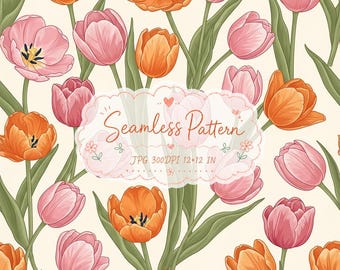 Puede incluir: Un patrón continuo de tulipanes naranjas y rosas con tallos y hojas verdes sobre un fondo crema. Una etiqueta blanca central muestra el texto Seamless Pattern, JPG 300DPI 12x12 IN, rodeado de pequeños dibujos lineales de flores decorativas.