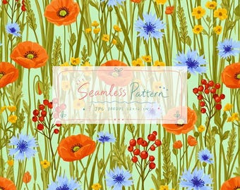 Puede incluir: Un patrón continuo sobre un fondo verde claro con amapolas naranjas, acianos azules, pequeñas flores silvestres amarillas, bayas rojas y tallos de trigo verdes. El texto central dice Seamless Pattern JPG 300DPI 12x12 IN.