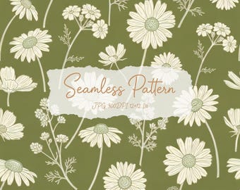 Puede incluir: Un patrón continuo con ilustraciones de líneas en color blanco roto de margaritas y flores silvestres sobre un fondo verde oliva. Una superposición central de papel rasgado blanco muestra el texto Seamless Pattern JPG 300DPI 30,48x30,48 cm en letra marrón.