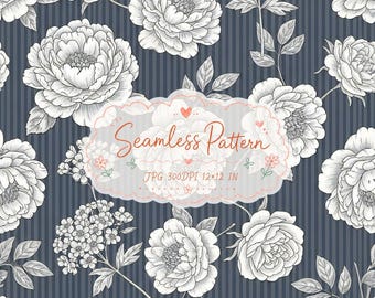Puede incluir: Un patrón continuo con peonías y pequeños grupos florales en líneas blancas sobre un fondo azul oscuro con rayas verticales. Una etiqueta decorativa central muestra el texto Seamless Pattern, JPG 300DPI 30,48x30,48 cm con corazones.