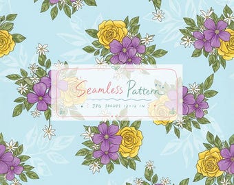 May include: A seamless pattern featuring yellow roses and purple flowers with green leaves on a light blue background. A central white rectangular box contains the text Seamless Pattern, JPG 300DPI 12x12 IN, written in a cursive script.