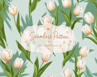 White Tulip Floral Seamless Pattern | Watercolor Pastel Spring Digital Paper | Scrapbook & Fabric Use