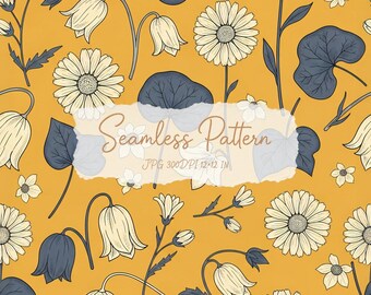 Puede incluir: Un patrón continuo con margaritas color crema y flores en forma de campana con hojas azul oscuro sobre un fondo amarillo mostaza. Una superposición blanca central contiene el texto Seamless Pattern JPG 300DPI 12x12 IN.