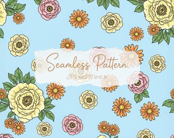 May include: A seamless pattern featuring yellow and pink flowers with green leaves on a light blue background. The text Seamless Pattern JPG 300DPI 12x12 IN is centered on a white rectangular overlay across the floral design.