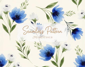 Blue White Wildflower Seamless Pattern | Watercolor Cottagecore Digital Paper | Fabric Scrapbook & Craft Use
