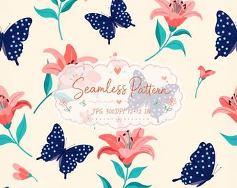 Pink Lily & Butterfly Seamless Pattern | Watercolor Floral Digital Paper | Fabric Scrapbook Crafts