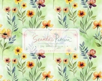 Puede incluir: Un patrón continuo con flores amarillas y naranjas en acuarela con hojas verdes sobre un fondo verde claro. Una etiqueta rectangular blanca central muestra el texto Seamless Pattern, JPG 300DPI 12x12 IN.