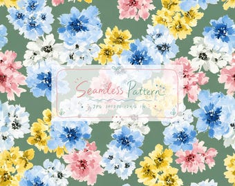 Puede incluir: Un patrón sin costuras con flores estilo acuarela en tonos azul, amarillo y rosa sobre un fondo verde salvia. Un recuadro rectangular central muestra el texto Seamless Pattern, JPG 300DPI 12x12 IN.