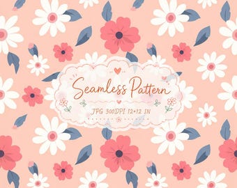 Puede incluir: Un patrón continuo con flores blancas y rosas y hojas azul oscuro sobre un fondo color melocotón claro. Una etiqueta decorativa central contiene el texto Seamless Pattern, JPG 300DPI 12*12 IN, rodeado de pequeños iconos florales lineales.