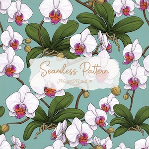 Könnte beinhalten: Ein nahtloses Muster mit weißen Orchideen mit violetten und orangefarbenen Zentren und dunkelgrünen Blättern auf hellblauem Grund. Ein weißes rechteckiges Feld zeigt den Text Seamless Pattern JPG 300DPI 12x12 IN.
