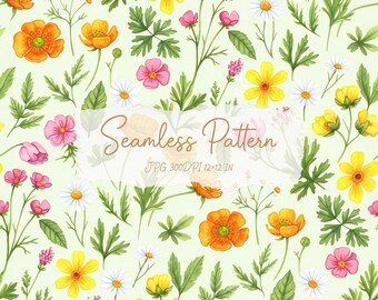 Puede incluir: Un patrón continuo que presenta una variedad de flores silvestres coloridas, incluyendo flores amarillas, naranjas, rosas y blancas con follaje verde sobre un fondo claro. El texto Seamless Pattern JPG 300DPI 12x12 IN está centrado.