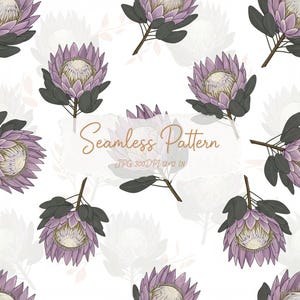 May include: A seamless pattern featuring illustrated purple protea flowers with dark green leaves on a white background. The text Seamless Pattern and JPG 300DPI 12x12 IN is centered in a white rectangular overlay on the floral design.