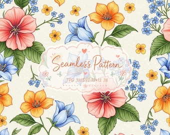 May include: A seamless pattern featuring a floral design with pink, yellow, and blue flowers on a cream background. The text Seamless Pattern JPG 300DPI 12x12 IN is centered in a decorative frame. Green leaves and small stems are interspersed.