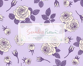 Puede incluir: Un patrón continuo con rosas y capullos de color crema y hojas de color morado oscuro sobre un fondo morado claro. Una etiqueta rectangular central contiene el texto Seamless Pattern, JPG 300DPI 12x12 IN, rodeado de líneas decorativas.