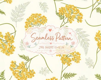 Puede incluir: Un patrón sin costuras con racimos de flores amarillas y hojas de helecho verdes sobre un fondo crema. Una etiqueta central festoneada contiene el texto Seamless Pattern, JPG 300DPI 12x12 IN, rodeado de pequeños corazones y flores.