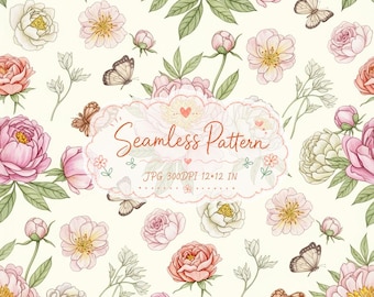 Puede incluir: Un patrón continuo con peonías rosas y blancas, hojas verdes y mariposas marrones sobre un fondo crema. Una etiqueta decorativa central contiene el texto Seamless Pattern, JPG 300DPI 12*12 IN, y pequeños corazones dibujados.