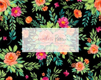 Puede incluir: Un patrón sin costuras con flores vibrantes de color naranja, rosa y melocotón con hojas verdes sobre un fondo negro. La imagen incluye el texto Seamless Pattern, JPG, 300DPI, 12x12 IN, centrado sobre el diseño floral.