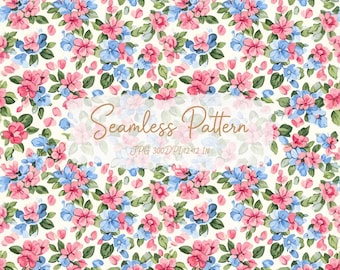Puede incluir: Un patrón sin costuras que presenta un diseño floral repetitivo con flores rosas y azules, hojas verdes y pequeños pétalos sobre un fondo crema. El texto Seamless Pattern JPG 300DPI 12x12 IN está superpuesto en el centro de la imagen.