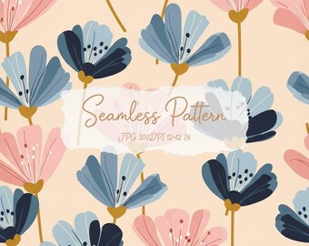 Puede incluir: Un patrón continuo con flores estilizadas en tonos rosa empolvado, azul claro y azul marino sobre un fondo color melocotón pálido. El texto Seamless Pattern JPG 300DPI 12x12 IN está centrado sobre el diseño floral en un recuadro blanco.