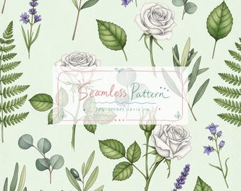 Puede incluir: Un patrón continuo con rosas blancas, lavanda morada, campanillas azules, hojas de helecho y eucalipto sobre un fondo verde claro. Una etiqueta rectangular blanca central muestra el texto Seamless Pattern JPG 300DPI 12x12 IN.