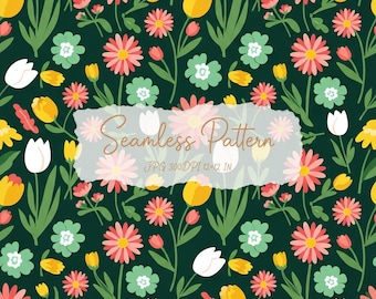 Puede incluir: Un patrón continuo con margaritas rosas, tulipanes amarillos, tulipanes blancos y flores verde claro sobre un fondo verde oscuro. Una superposición central muestra el texto Seamless Pattern JPG 300DPI 12x12 IN.