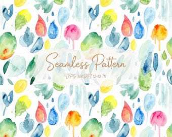 Puede incluir: Un patrón continuo con salpicaduras de acuarela en amarillo, verde, azul, rosa y naranja sobre un fondo blanco. El texto Seamless Pattern JPG 300DPI 12x12 IN está centrado sobre el diseño, compuesto por varias formas abstractas.