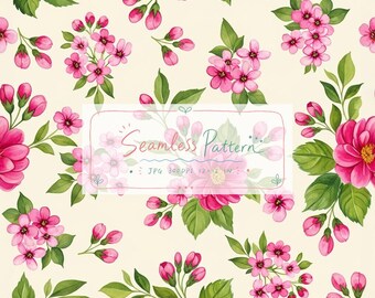 Puede incluir: Un patrón continuo con flores de color rosa vibrante y hojas verdes sobre un fondo crema. Una etiqueta rectangular central contiene el texto Seamless Pattern, JPG 300DPI y 12 x 12 IN, rodeada de delicadas ilustraciones florales.