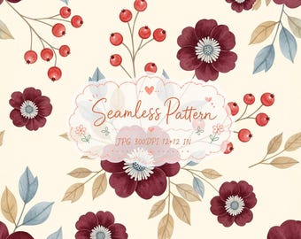 Puede incluir: Un patrón continuo con flores de color rojo oscuro con centros blancos, bayas rojas en tallos finos y hojas de color azul claro y beige sobre un fondo crema. El texto Seamless Pattern JPG 300DPI 12x12 IN aparece en un marco decorativo.