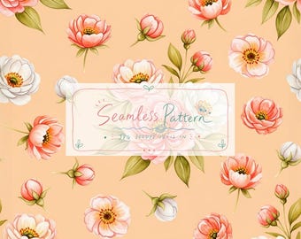 Puede incluir: Un patrón sin costuras con flores de acuarela en tonos coral, rosa y blanco con hojas verdes sobre un fondo color melocotón claro. Una etiqueta rectangular blanca central muestra el texto Seamless Pattern, JPG, 300DPI, 12x12 IN.