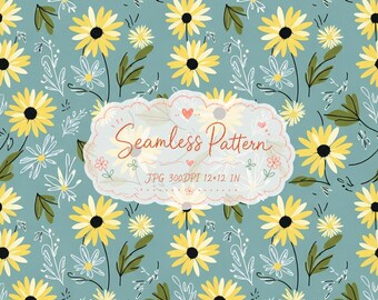Puede incluir: Un patrón continuo de margaritas amarillas con centros oscuros y hojas verdes sobre un fondo azul polvoriento. Una etiqueta central blanca festoneada muestra el texto Seamless Pattern, JPG 300DPI 30,48x30,48 CM, con pequeños corazones y flores rojas.