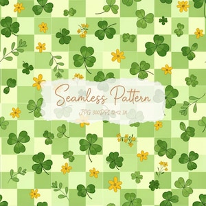 May include: A seamless pattern featuring a light and dark green checkered background with scattered green shamrocks, small yellow flowers, and thin leafy stems. A central white overlay displays the text Seamless Pattern JPG 300DPI 12x12 IN.