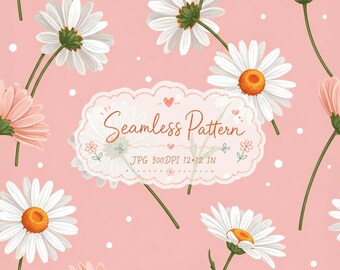 Puede incluir: Un patrón continuo con margaritas blancas de centro amarillo y pétalos rosa claro sobre un fondo rosa suave con puntos blancos. Una etiqueta festoneada central muestra el texto Seamless Pattern, JPG 300DPI 12x12 IN.