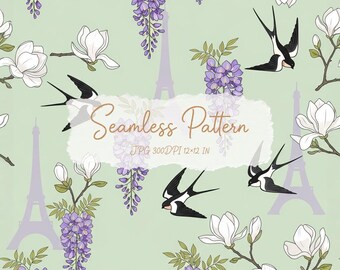 May include: A seamless pattern on a light green background featuring illustrations of black and white swallows, purple wisteria clusters, white magnolia flowers, and faint lavender Eiffel Tower silhouettes. Text reads Seamless Pattern JPG 300DPI 12x12 IN.