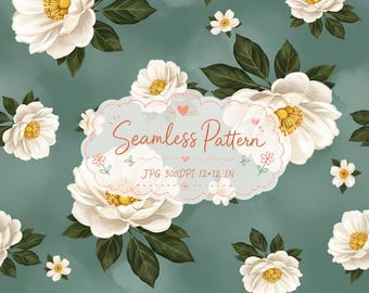 May include: A seamless pattern featuring white flowers with yellow centers and dark green leaves on a muted teal background. A central scalloped label displays the text Seamless Pattern, JPG 300DPI 12x12 IN, decorated with small hearts and flowers.