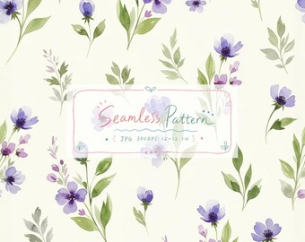 Puede incluir: Un patrón continuo con flores moradas y hojas verdes en acuarela sobre un fondo crema. Un marco rectangular central contiene el texto Seamless Pattern, JPG 300DPI 12x12 IN, escrito en un estilo delicado y dibujado a mano.