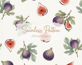 May include: A seamless pattern featuring watercolor illustrations of whole and sliced purple figs with green leaves on a white background. The text Seamless Pattern JPG 300DPI 12x12 IN is centered on a torn paper overlay in the middle of the image.
