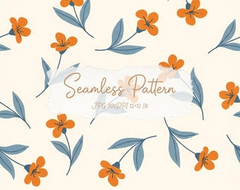 Puede incluir: Un patrón sin costuras con flores naranjas y hojas azules sobre un fondo crema. El texto central dice Seamless Pattern JPG 300DPI 12x12 IN. El diseño consiste en motivos florales repetidos distribuidos por toda la superficie de la imagen.