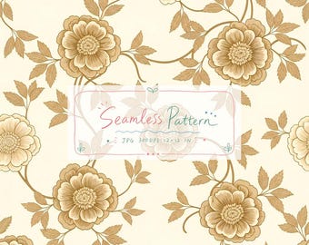 Puede incluir: Un patrón continuo con ilustraciones florales de color marrón claro sobre un fondo crema. Una etiqueta rectangular blanca central contiene el texto Seamless Pattern, JPG 300DPI 30,48x30,48 cm, rodeado de elementos decorativos dibujados a mano.
