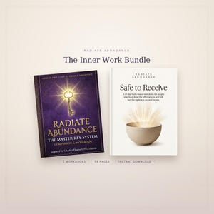 Peut inclure: Deux cahiers d'exercices intitulés The Inner Work Bundle. Le livre de gauche est violet avec une illustration de clé dorée et le texte Radiate Abundance The Master Key System Companion & Workbook. Le livre de droite est blanc avec une illustration de bol et le texte Safe to Receive A 21-day body-based workbook for people who have done the affirmations and still feel the tightness around money.