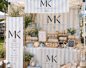 Custom Stripe Vendor Booth Banner Set, Personalized Business Logo Backdrop, Table Runner, Market Display, Trade Show Sign