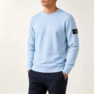 May include: A light blue crewneck sweatshirt featuring long sleeves and a ribbed hem and cuffs. A black rectangular patch with a yellow and green compass-style logo is attached to the upper left sleeve of the garment, paired with dark navy trousers.